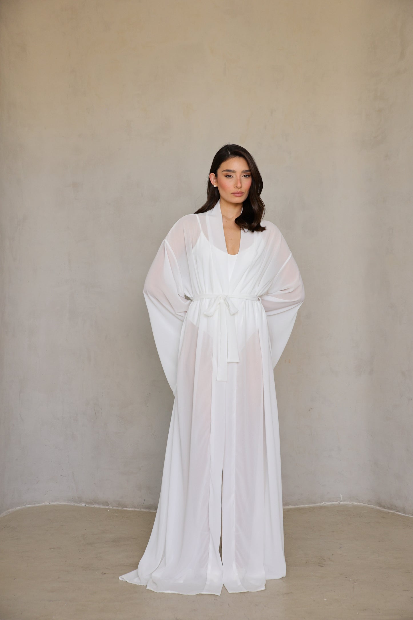 Angel Robe - mid-length front view with deep-V neckline and gentle pleats