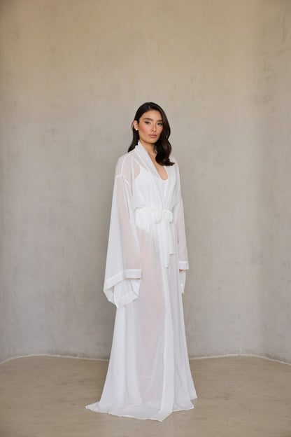 Angel Robe — relaxed front pose, sheer fabric draping straight to floor