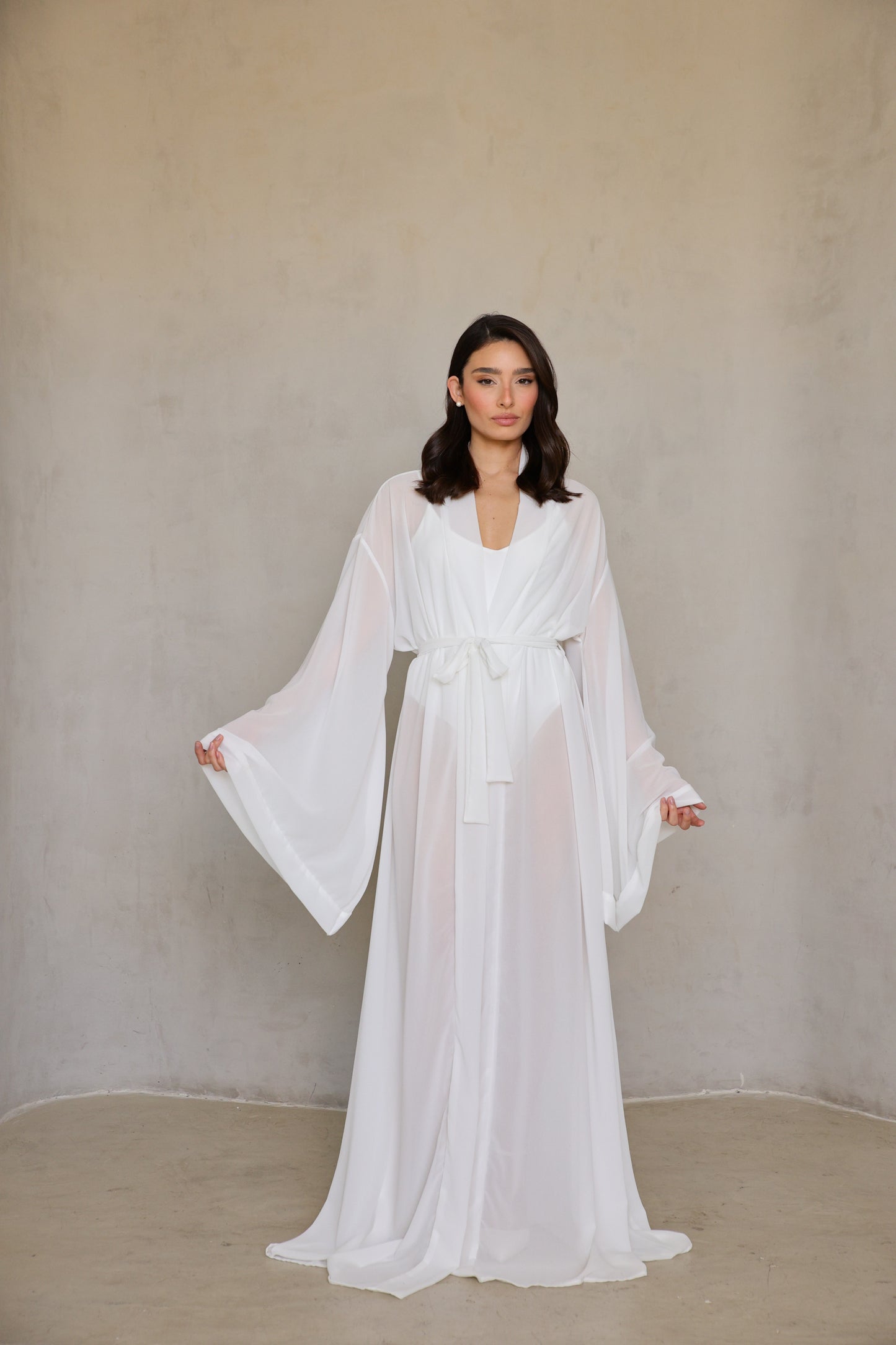 Angel Robe - belt tied at waist, maxi length with layered sleeve hem.