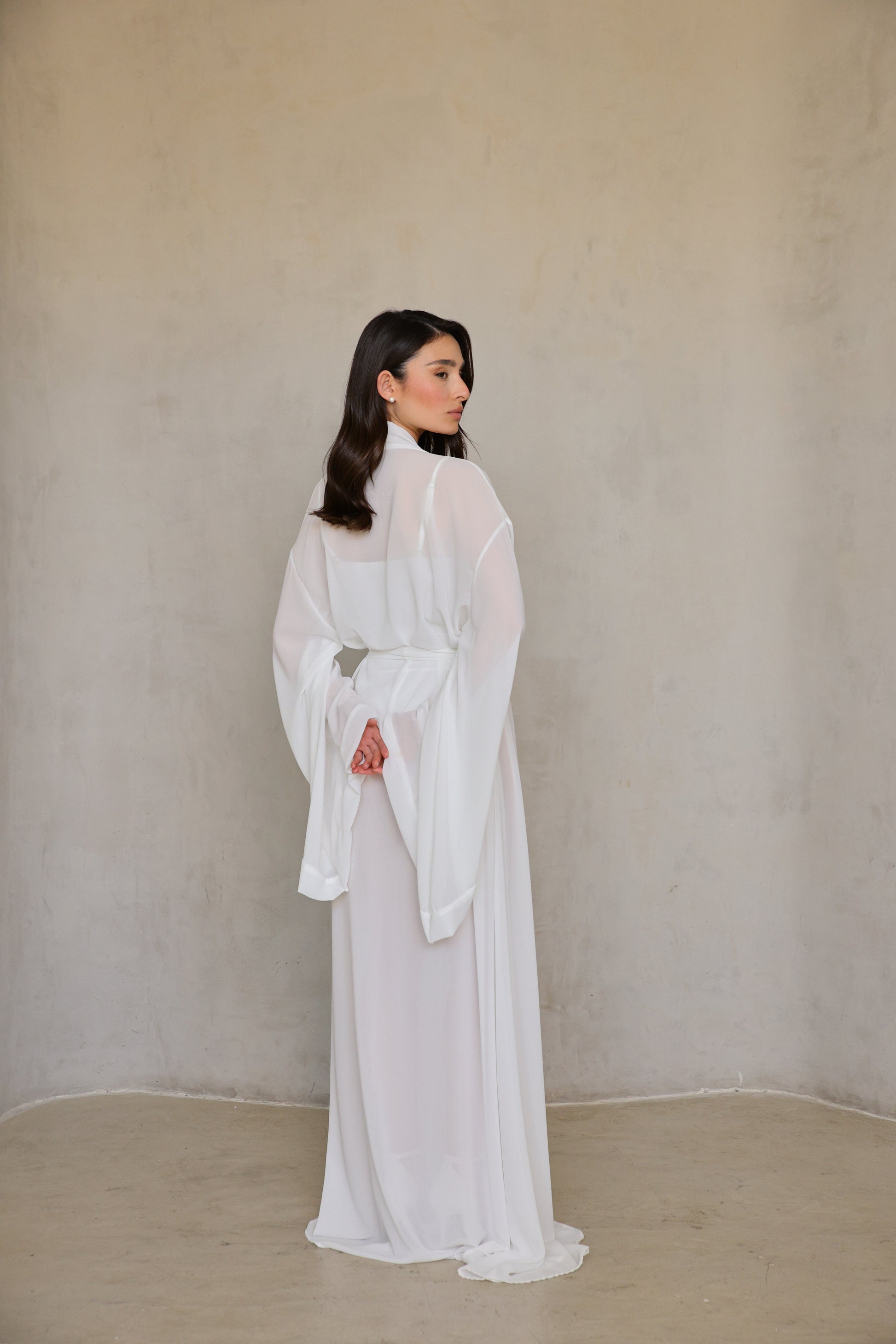 Angel Robe — right-side profile highlighting soft drape and wide sleeves.