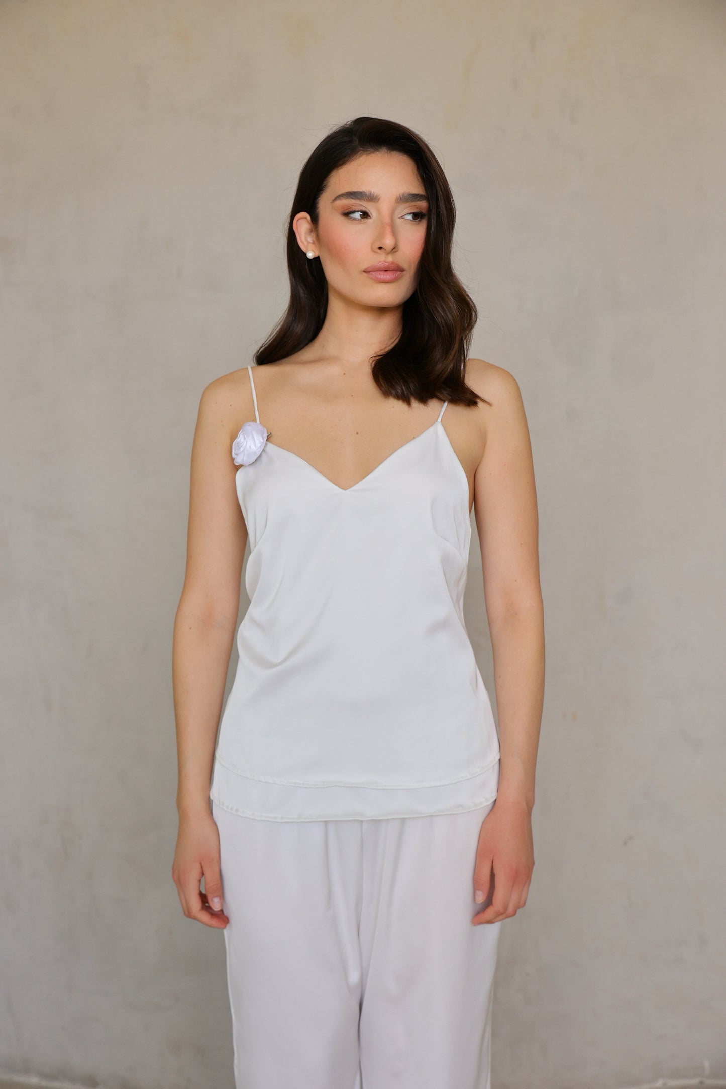 Full front view of Ivory Rose satin camisole, model standing straight