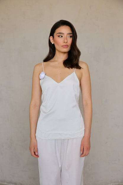 Full front view of Ivory Rose satin camisole, model standing straight