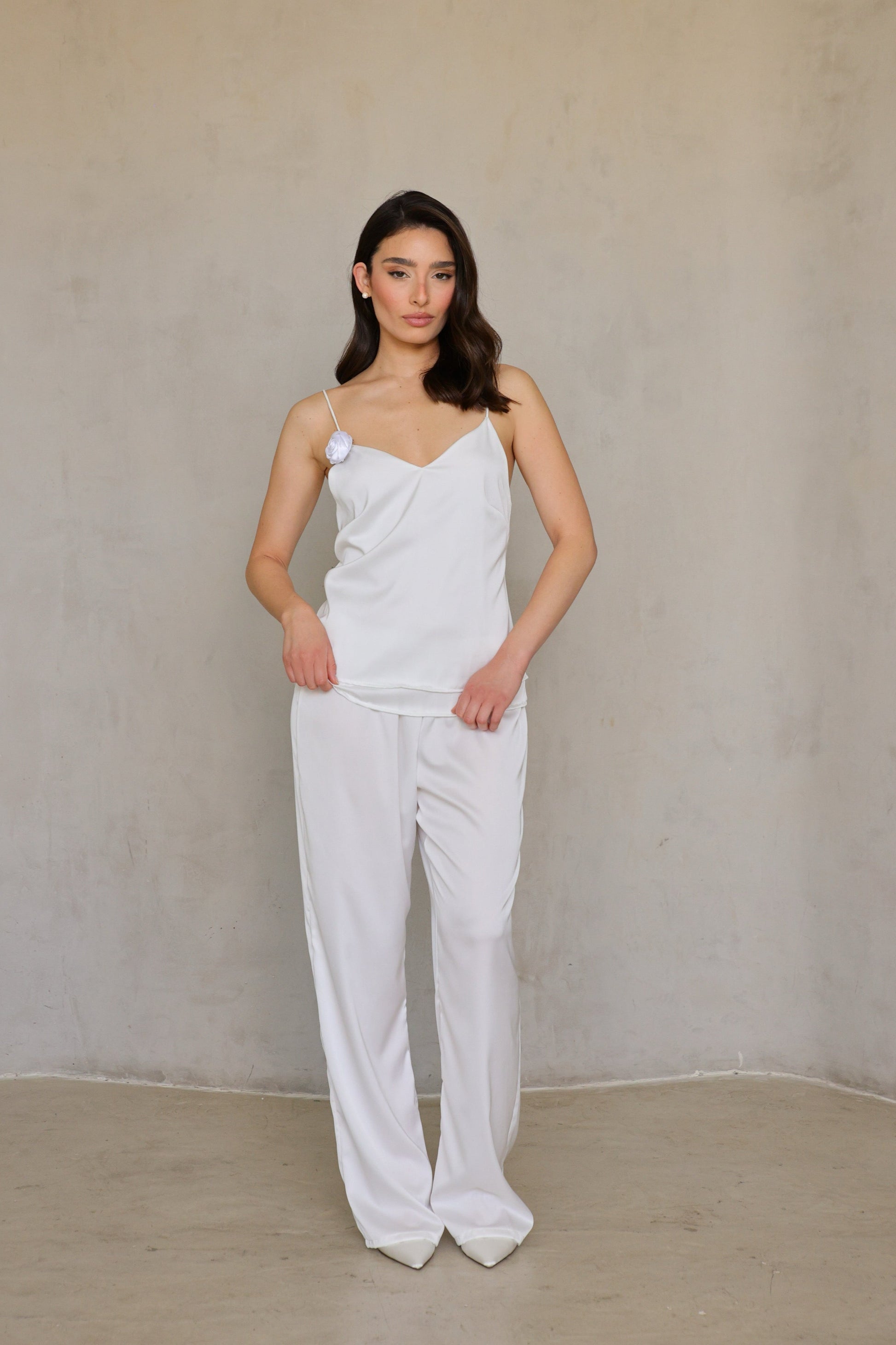 Full body view – Ivory Rose satin top paired with matching pants