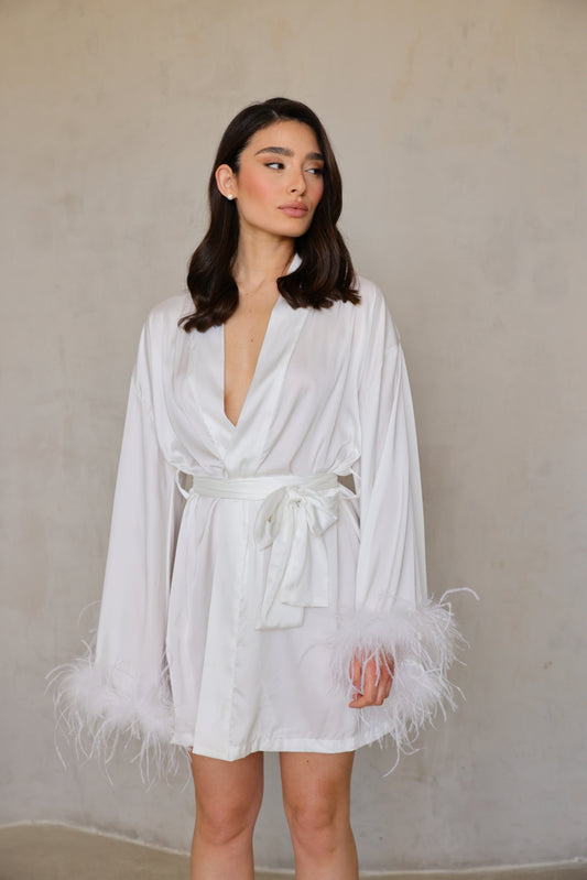 Alternate full-body front view of Swan robe tied at waist.